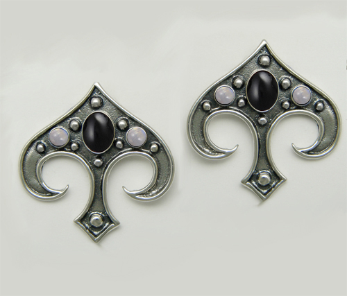 Sterling Silver Gothic Inspired Drop Dangle Earrings With Black Onyx And Rainbow Moonstone